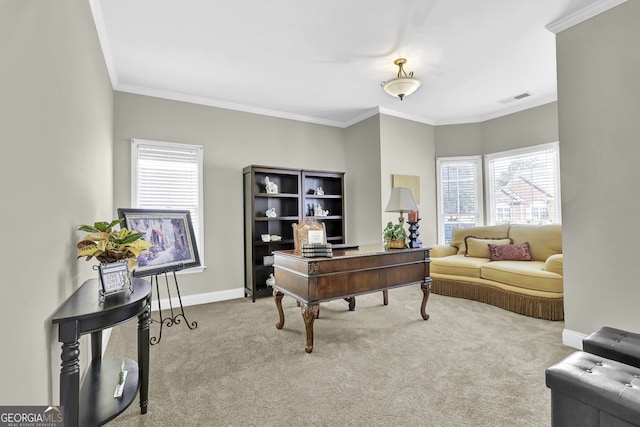 office space featuring carpet, crown molding, visible vents, and baseboards