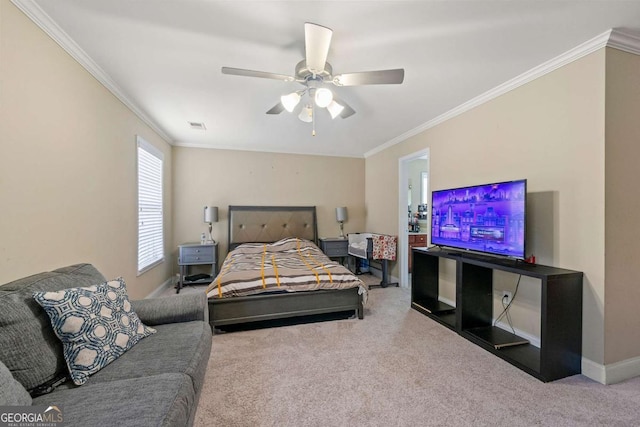 bedroom featuring carpet floors and crown molding