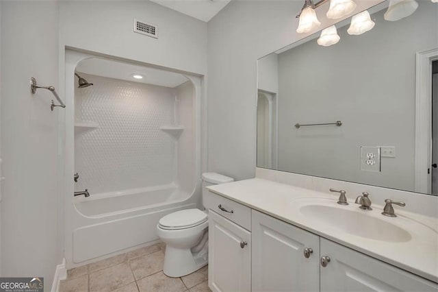 full bath with visible vents, toilet, vanity, shower / tub combination, and tile patterned flooring