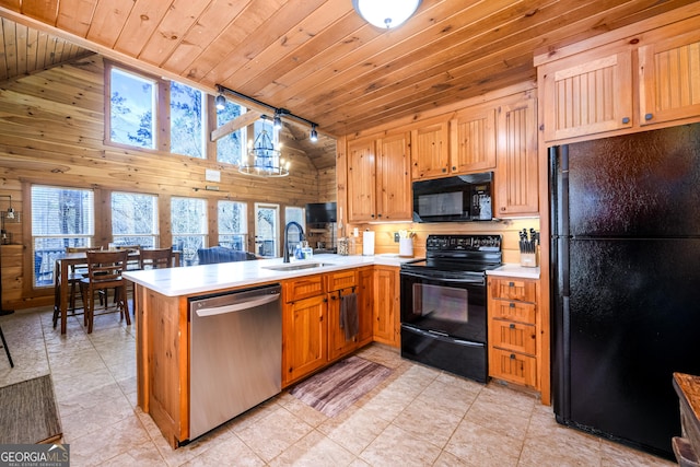 kitchen with a peninsula, black appliances, wooden ceiling, and a sink