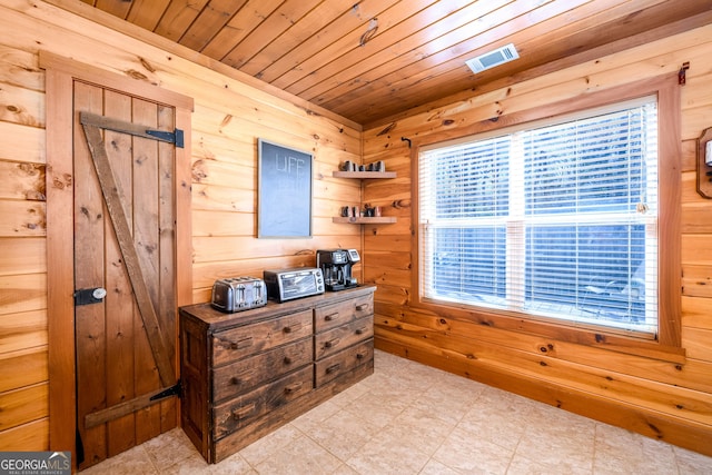 bedroom with wood ceiling, visible vents, and wood walls