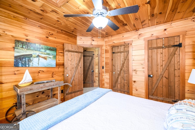 bedroom with wooden ceiling, a ceiling fan, and wood walls