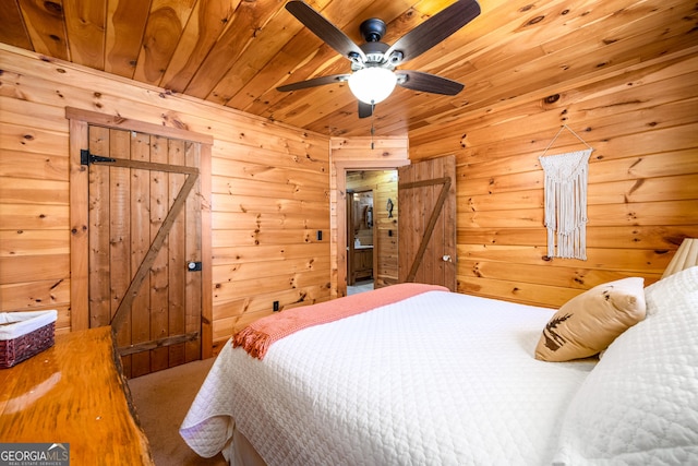 bedroom featuring a ceiling fan, wooden ceiling, and wood walls