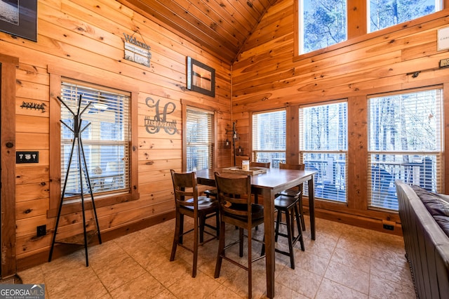 dining room featuring wooden ceiling, wooden walls, and high vaulted ceiling