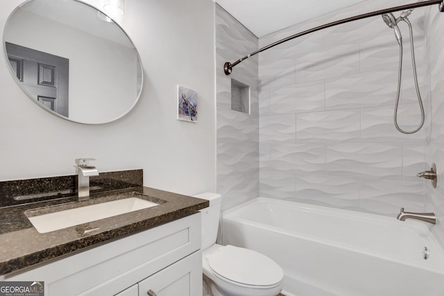 full bath with shower / bathing tub combination, vanity, and toilet