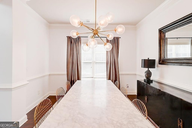 dining area featuring baseboards, dark wood-style flooring, plenty of natural light, and an inviting chandelier