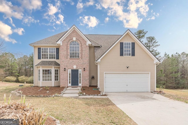 view of front of house featuring a front lawn, concrete driveway, roof with shingles, and an attached garage