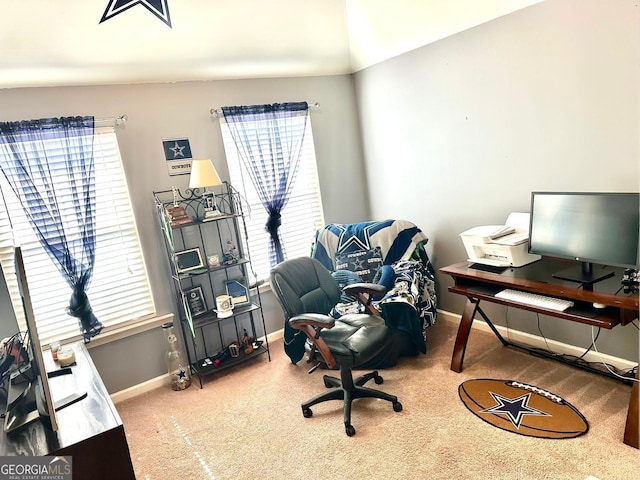 home office with carpet floors and baseboards