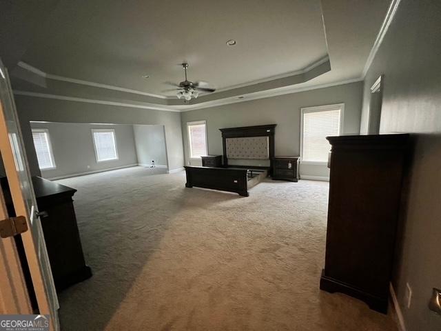 bedroom featuring multiple windows, carpet flooring, and a raised ceiling