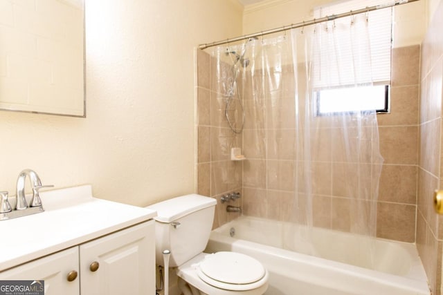 bathroom with shower / bathtub combination with curtain, toilet, and vanity