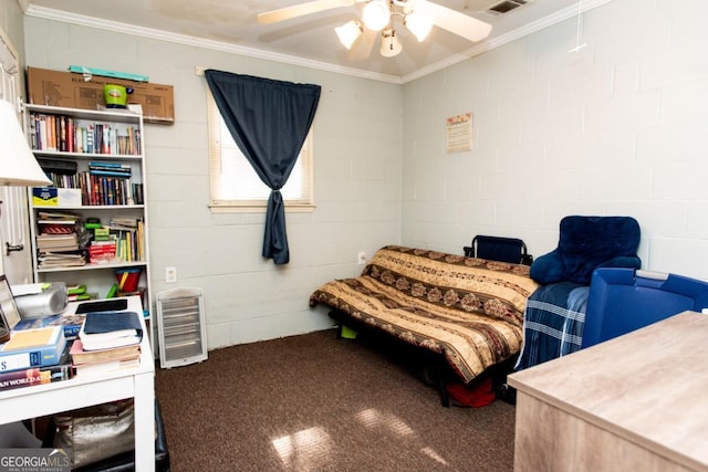 bedroom with ornamental molding, carpet flooring, and concrete block wall