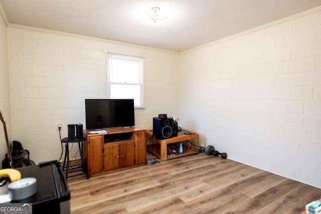 interior space featuring concrete block wall, crown molding, and light wood finished floors