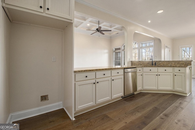 kitchen with ornamental molding, coffered ceiling, dark wood finished floors, and baseboards