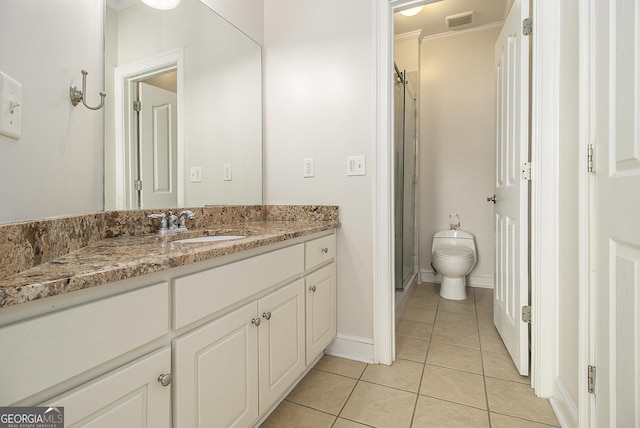 bathroom with toilet, visible vents, vanity, a shower, and tile patterned floors