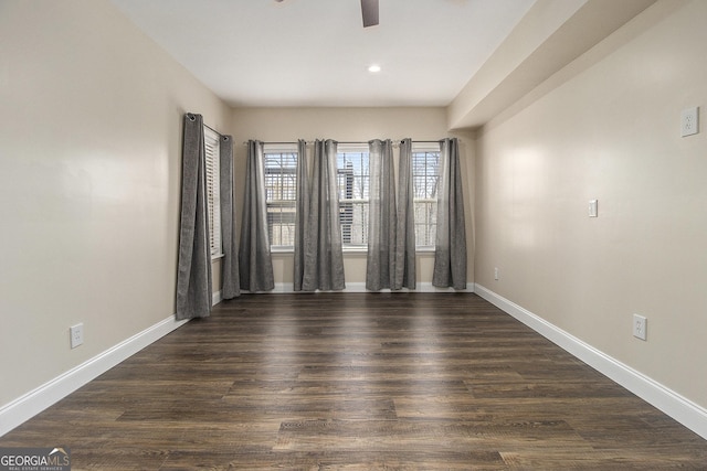 spare room with recessed lighting, ceiling fan, baseboards, and wood finished floors