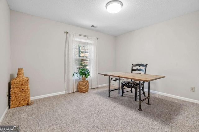 home office with carpet, visible vents, a textured ceiling, and baseboards