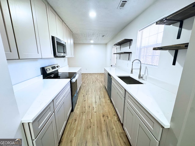 kitchen with stainless steel appliances, open shelves, a sink, and gray cabinetry