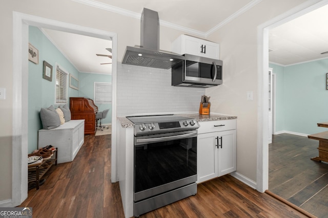 kitchen featuring range hood, ornamental molding, stainless steel appliances, and dark wood-style flooring