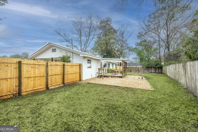 view of yard featuring a fenced backyard and a wooden deck