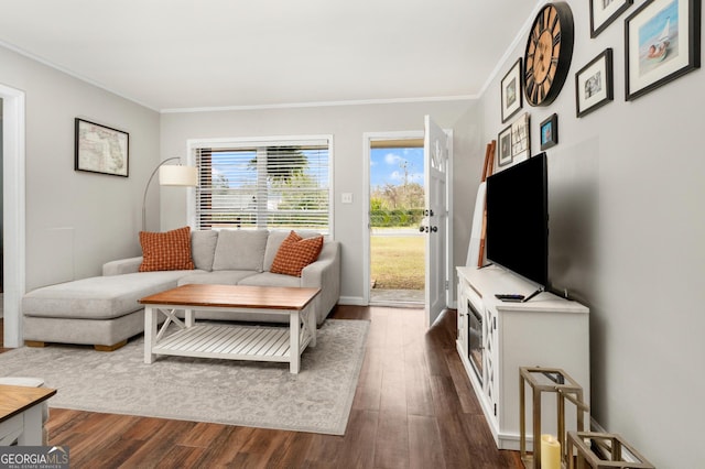 living room featuring plenty of natural light, ornamental molding, and dark wood finished floors