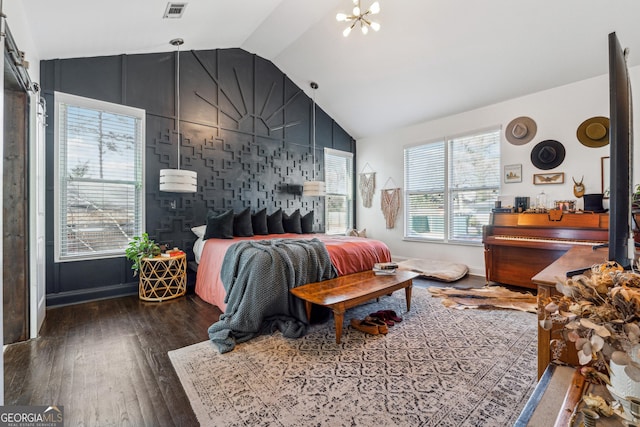 bedroom featuring visible vents, dark wood-type flooring, vaulted ceiling, a chandelier, and baseboards