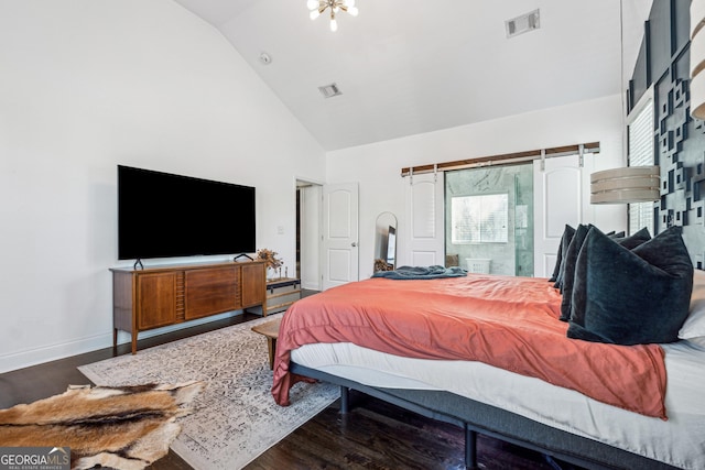 bedroom with high vaulted ceiling, visible vents, baseboards, and wood finished floors