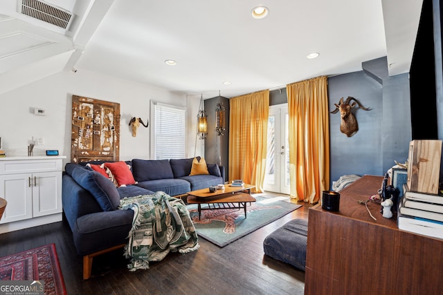 living room with dark wood-style floors, recessed lighting, a healthy amount of sunlight, and visible vents