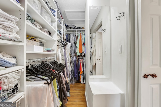 walk in closet with attic access and light wood-type flooring