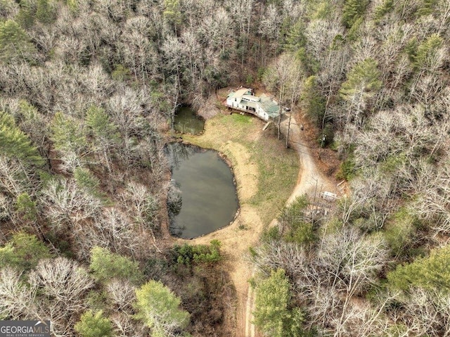 aerial view with a water view and a view of trees