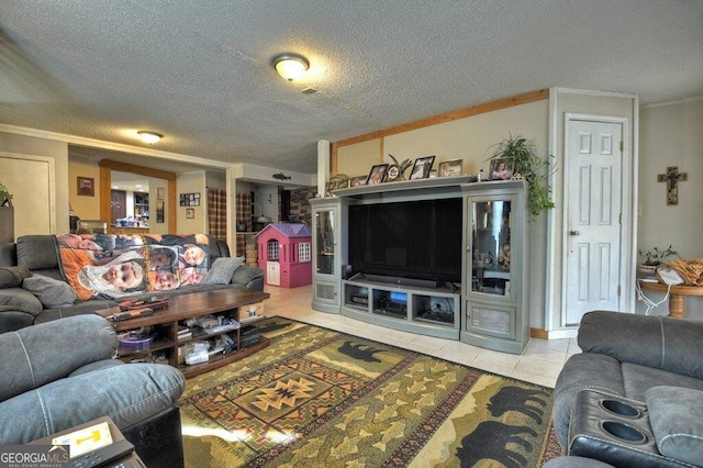 tiled living area featuring crown molding and a textured ceiling