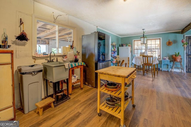 interior space featuring crown molding, freestanding refrigerator, a wealth of natural light, and wood finished floors