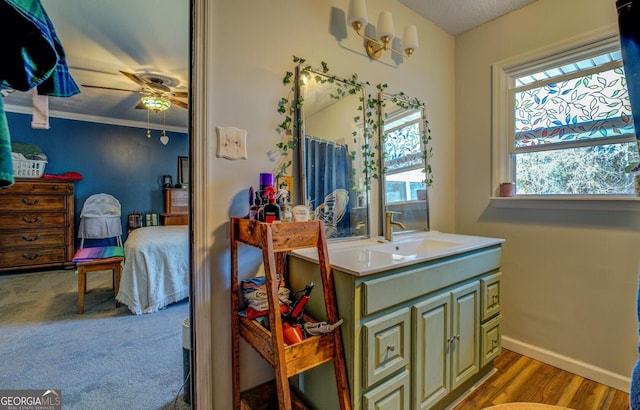 bathroom featuring baseboards, connected bathroom, wood finished floors, crown molding, and vanity