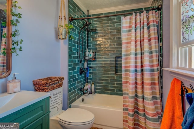 full bathroom featuring toilet, shower / bathtub combination with curtain, ornamental molding, and vanity