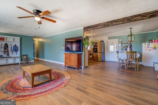 living room featuring ornamental molding, a textured ceiling, baseboards, and wood finished floors