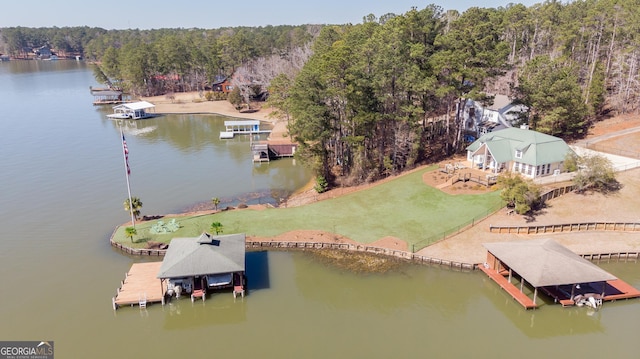 aerial view featuring a water view and a wooded view