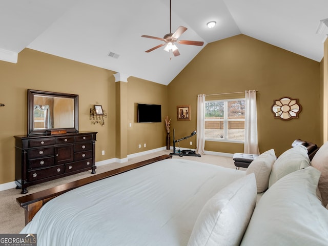 carpeted bedroom with ceiling fan, high vaulted ceiling, visible vents, and baseboards