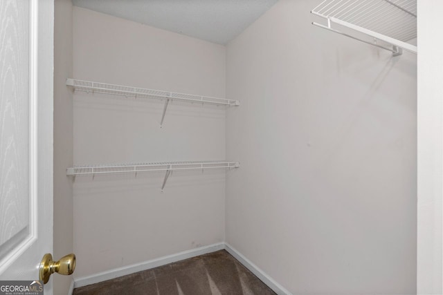 spacious closet featuring dark colored carpet