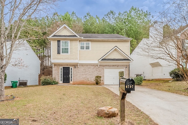 view of front of property with a garage, central AC, brick siding, concrete driveway, and a front yard