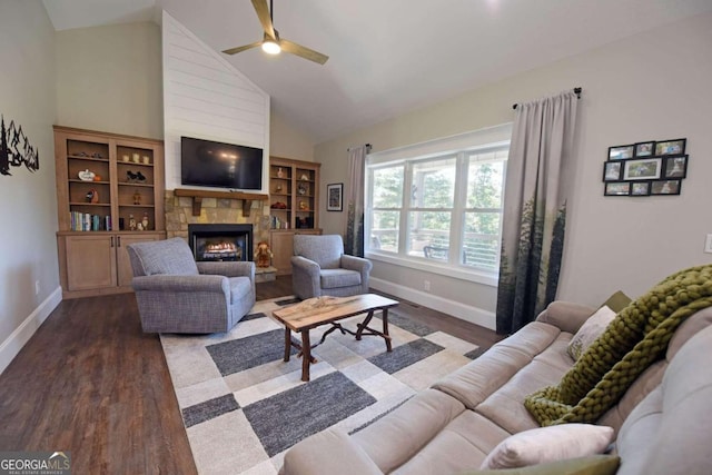 living area featuring high vaulted ceiling, a fireplace, baseboards, and wood finished floors