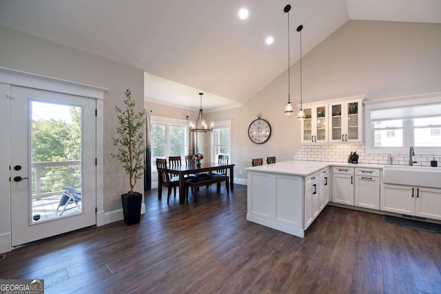 kitchen with white cabinets, glass insert cabinets, dark wood-type flooring, a peninsula, and a sink