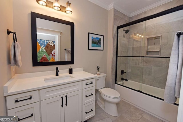 full bath featuring ornamental molding, shower / bath combination with glass door, vanity, and toilet