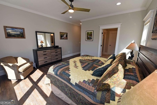 bedroom featuring crown molding, baseboards, wood finished floors, and recessed lighting