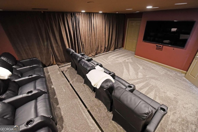 carpeted home theater with recessed lighting and baseboards