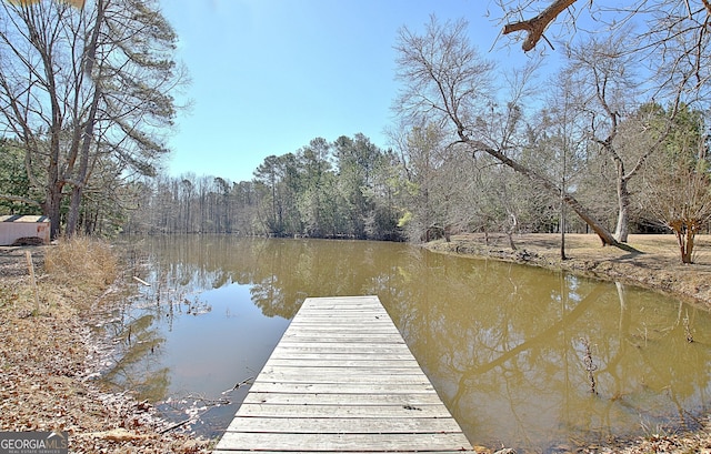 dock area with a water view and a wooded view