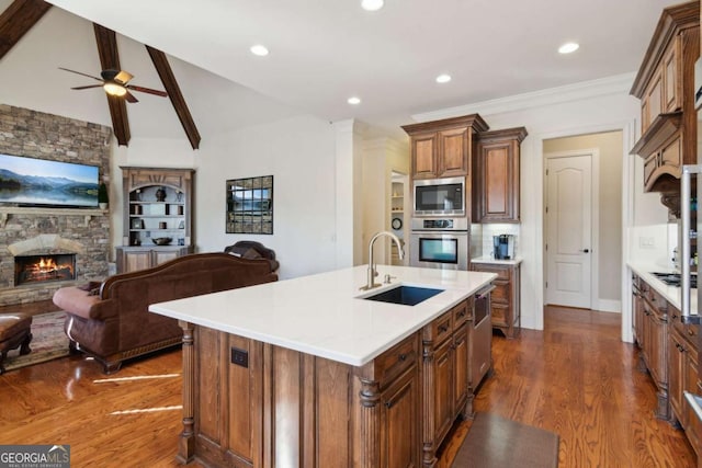 kitchen featuring stainless steel appliances, a fireplace, a sink, open floor plan, and dark wood-style floors