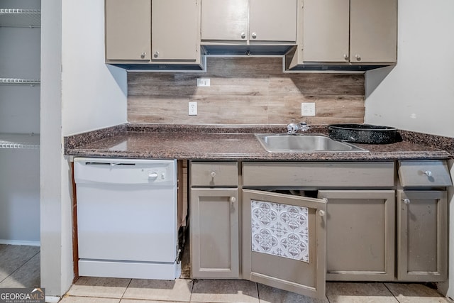 3524 Exeter Ct, Snellville, GA 30039 - kitchen with dark countertops, a sink, white dishwasher, and backsplash