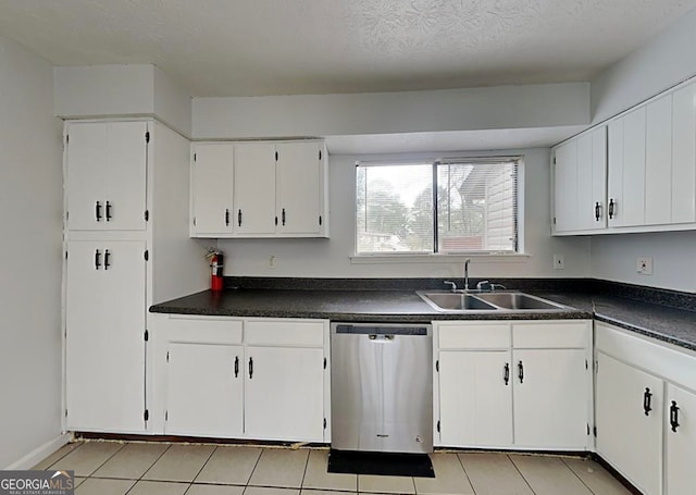 kitchen with a sink, dark countertops, white cabinets, and dishwasher