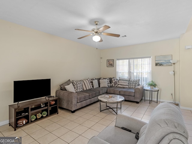 living room with a ceiling fan, visible vents, baseboards, and light tile patterned floors