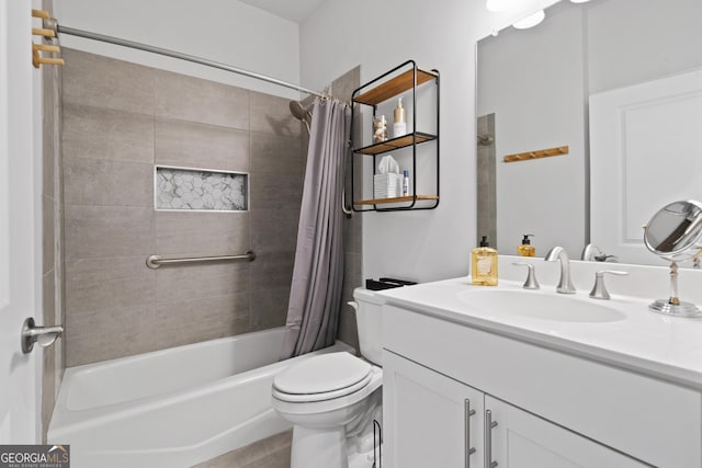 bathroom with vanity, toilet, and shower / bathtub combination with curtain