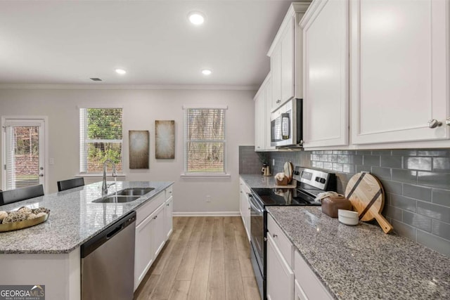 kitchen featuring white cabinetry, tasteful backsplash, appliances with stainless steel finishes, and a sink